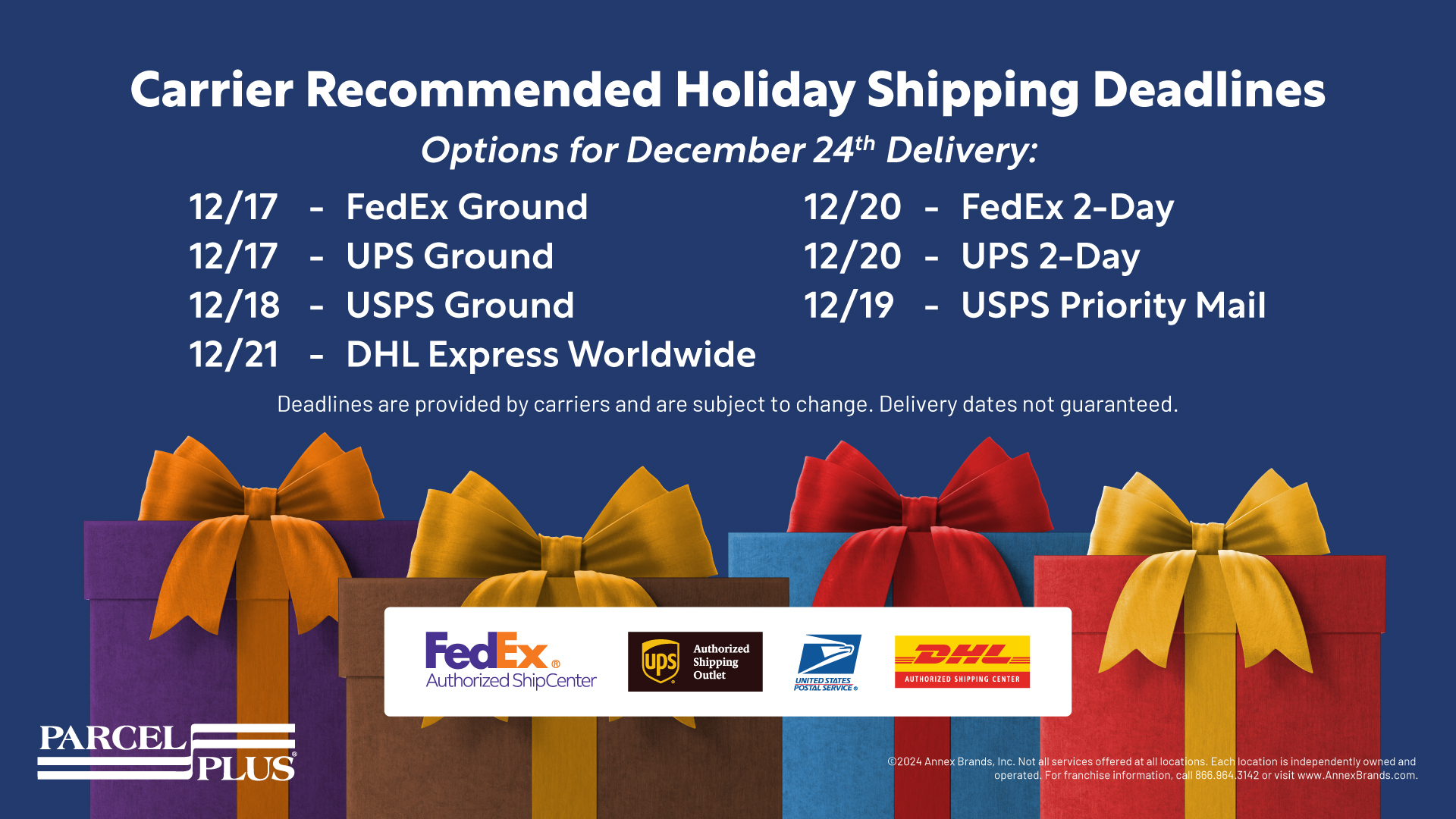 carrier shipping deadlines holidays 2024